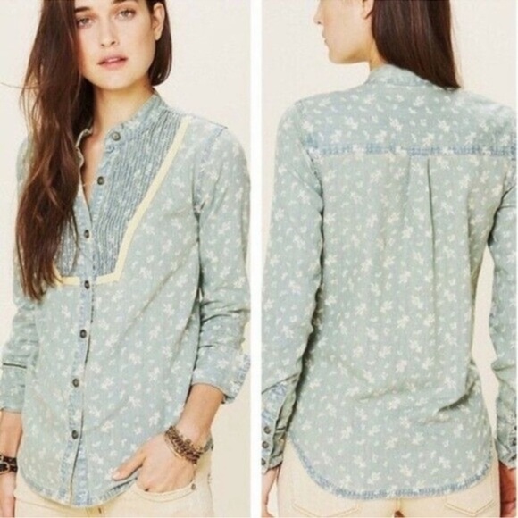 Free People Small Hillside Chambray Denim Bibbed Pintuck Button-up Blouse Cabin - Picture 9 of 10